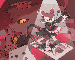 3_claws 3_ears ace_of_clubs ambiguous_anthro ambiguous_gender anthro biped black_bow_tie black_clothing black_suit black_tail bottomless bottomless_anthro bottomless_male bow_tie card claws clothed clothed_ambiguous clothed_anthro clothing digitigrade eyebrows facial_tuft feathers featureless_crotch finger_claws fingers furgonomic_topwear furgonomics grey_sclera hat head_tuft headgear headwear holding_clothing holding_hat holding_headgear holding_headwear holding_object holding_staff iris joker_(playing_card) looking_at_viewer male multi_ear multicolored_body multicolored_feathers one_eye_closed open_mouth playing_card pose post pupils red_body red_claws six_of_spades slit_pupils snout snout_from_the_front solo sparkles staff standing suit tail toe_claws top_hat tuft white_body winged_arms wings wink winking_at_viewer yellow_eyes theresnobody827 avali avian 2026 digital_media_(artwork) hi_res shaded