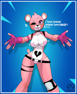 anthro areola areola_slip belt bikini black_nose blue_background border breasts broken_heart choker clothing dialogue exclamation_point eye_scar facial_scar female fingerless_gloves front_view fur gloves handwear heart_bikini heart_clothing heart_eyes heart_nose heart_swimwear heart_symbol hug jewelry knee_pads necklace outline outstretched_arms pattern_bikini pattern_clothing pattern_swimwear pink_areola pink_bikini pink_body pink_clothing pink_eyes pink_fur pink_gloves pink_handwear pink_swimwear scar simple_background solo speech_bubble speed_lines striped_bikini striped_clothing striped_swimwear stripes swimwear tail tail_motion tailwag talking_to_viewer text thick_thighs tongue tongue_out two-piece_swimsuit white_bikini white_body white_border white_clothing white_fur white_swimwear wide_hips zhenai epic_games fortnite cuddle_team_leader bear mammal english_text hi_res