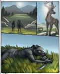 anthro antlers brown_eyes clothing cloven_hooves detailed_background digitigrade fur grass grazing group hooves horn hunting knife male melee_weapon outside plant sky sun sword tree unguligrade weapon myenia rukis canid canine canis deer mammal wolf comic