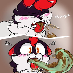 all_the_way_through anthro bodily_fluids cough couples duo feces feces_from_mouth feces_in_mouth female female/female fur green_tongue leaning leaning_forward orange_eyes out_of_nowhere penetration red_body red_fur saliva surprised tongue tongue_out vomiting vomiting_feces duskerburger novel_(character) sparrow_skunker bovid caprine goat humanoid mammal mephitid skunk 1:1 comic hi_res