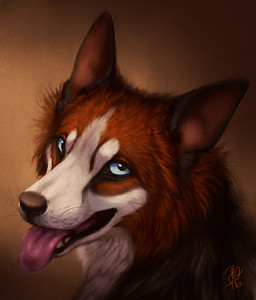 black_nose blue_eyes brown_background brown_body brown_fur feral fur light looking_at_viewer simple_background solo tongue tongue_out whiskers white_body white_fur kippycube canid canine canis domestic_dog mammal 2016 lighting