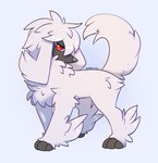 ambiguous_gender blue_nose butt_tuft feral floppy_ears fur glistening glistening_eyes leg_tuft looking_at_viewer narrowed_eyes no_pupils red_eyes side_view simple_background solo tail tuft white_body white_ears white_fur white_tail bloominglynx nintendo pokemon furfrou generation_6_pokemon natural_furfrou pokemon_(species) 2024 signature