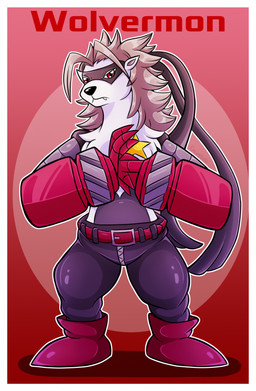 anthro belt border bottomwear clothing cybernetic_arm cybernetic_limb female footwear fur grey_body grey_fur grey_hair hair mask mechanical_arm pants red_eyes shoes solo star teeth text white_body white_border white_fur zipper grumpyote bandai_namco digimon digimon_beatbreak digimon_(species) wolvermon 2025 digital_media_(artwork) english_text hi_res