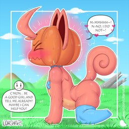 all_fours anthro biped black_sclera blue_clothing blue_legwear blue_stockings blush blush_lines bodily_fluids choker clothing countershade_torso countershading curled_tail day dialogue eyebrows eyes_closed female flat_chested food for_a_head fruit fur good_girl heart_symbol jewelry legwear mostly_nude mouth_closed multicolored_body necklace offscreen_character outside palmorph pasties pink_body pink_fur plant pumpkin pumpkin_head solo speech_bubble stockings sweat tail tan_body tan_countershading tan_fur text two_tone_body young young_anthro young_female ultama_lokshar palworld pocketpair cattiva object_head pal_(species) 1:1 2025 english_text hi_res