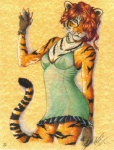 2003 breasts chemise clothed clothing felid female fingerless_gloves gloves hair hair_over_eye handwear jewelry lingerie looking_at_viewer mammal necklace nightgown one_eye_obstructed pantherine red_hair skimpy solo stephanie_lynn stripes tail tiger warm_colors