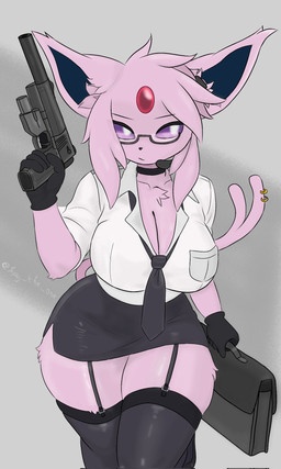 accessory anthro big_breasts black_nose bottomwear breasts briefcase cleavage clothed clothing electronics eyewear female female_anthro forehead_gem forked_tail fur furgonomic_piercing furgonomics gem glasses grey_background gun handgun headgear headphones headset holding_gun holding_handgun holding_object holding_pistol holding_ranged_weapon holding_weapon jewelry legwear necktie pencil_skirt piercing pink_body pink_fur pistol purple_sclera ranged_weapon ring_piercing shirt shirt_pocket silencer simple_background skirt solo stockings tail tail_accessory tail_jewelry tail_piercing tail_ring_(piercing) thick_thighs topwear unusual_anatomy unusual_tail weapon shay_the_one nintendo pokemon esther_(shay_the_one) eeveelution espeon generation_2_pokemon pokemon_(species) hi_res portrait three-quarter_portrait