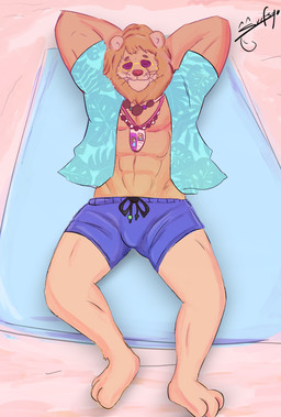 :3 aloha_shirt anthro barefoot bulge clothed clothing eyewear eyewear_on_head facial_markings feet glasses glasses_on_head hands_behind_head head_markings jewelry lying lying_on_towel male mane markings muscular muscular_anthro muscular_male muzzle_(marking) necklace on_back open_clothing open_shirt open_topwear pattern_clothing pattern_shirt pattern_topwear relaxing shirt solo swimming_trunks swimwear tinted_glasses topwear towel whiskers surfs90 epic_games fortnite kingston_(fortnite) felid feline lion mammal pantherine digital_media_(artwork) hi_res signature