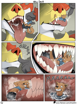 anthro bodily_fluids duo extreme_size_difference fur male male/male male_pred male_prey micro mouth_shot open_mouth oral_vore red_body red_fur saliva shrunk size_difference teeth text tongue tongue_out tuft vore white_body white_fur yellow_body yellow_fur arkailart nintendo pokemon canid canine delphox generation_6_pokemon mammal pokemon_(species) absurd_res comic digital_media_(artwork) english_text hi_res url
