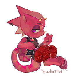 anthro clothing collar horn jacket male name_tag paws piercing purple_eyes red_body simple_background solo tail topwear white_background owlb1rd animal_crossing nintendo flick_(animal_crossing) chameleon lizard reptile scalie absurd_res hi_res