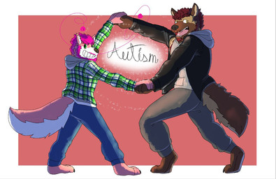 anthro beard body_hair brown_body brown_fur chest_hair clothed clothing curly_hair duo facial_hair fangs fur grin hair hand_holding hoodie jacket leather leather_clothing leather_jacket leather_topwear looking_at_viewer male markings mole_(marking) muscular muscular_anthro muscular_male mustache pincers pink_body pink_fur pose purple_body red_body red_fur romantic romantic_couple size_difference sleeveless_hoodie smile spots spotted_body tan_body tan_fur teeth text topwear tuft white_body white_fur zordykeaboo bruno_(brunohyena) keaboo canid canine canis domestic_dog hybrid hyena mammal spotted_hyena striped_hyena english_text