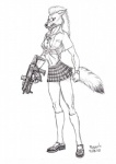 anthro biped bottomwear clock clothing cross female gun ranged_weapon school_uniform sharp_teeth simple_background skirt solo standing submachine_gun tail teeth uniform watch weapon white_background scott_ruggels erin_(thejadedkitsune) canid canine canis mammal wolf 2010 full-length_portrait portrait watermark