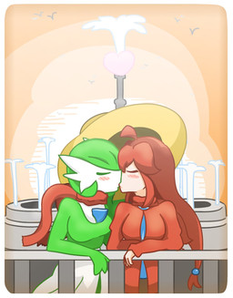 3_fingers ahoge blush clothing detailed_background duo eyes_closed female female/female fingers fountain hair interspecies kiss_on_lips kissing not_furry pokephilia railing red_hair romantic romantic_couple scarf sunset friita nintendo pokemon auria_(friita) mikan_(friita) gardevoir generation_3_pokemon human humanoid mammal pokemon_(species) 2021 hi_res signature