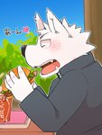 anthro biped black_nose blush burger clothing detailed_background eyes_closed food humanoid_hands kemono male shirt sitting solo topwear green_bell inakamichi canid canine canis domestic_dog mammal 2020 hi_res