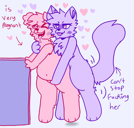 ambiguous_gender anthro belly big_belly blush bodily_fluids drooling duo female fingering fur furniture half-closed_eyes heart_symbol hearts_around_body hearts_around_head holding_chest humping leaning_on_object narrowed_eyes one_eye_closed open_mouth pink_body pink_eyes pink_fur pregnant pregnant_female pregnant_sex profanity purple_background purple_body purple_eyes purple_fur saliva seductive sex simple_background smug_face standing table text vaginal vaginal_fingering bratcafe canid canine felid feline mammal english_text hi_res