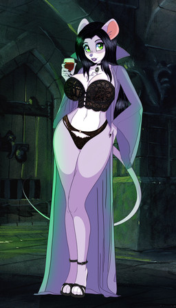 alternative_fashion anthro big_breasts black_hair bra breasts castle choker cloak clothing container cup drinking_glass female footwear glass glass_container glass_cup goth green_eyes hair high_heels jewelry lace_bra lace_panties lingerie lipstick makeup necklace shoes solo underwear undressed wide_hips wine_glass conditional_dnp m1dnightleop4rd geronimo_stilton_(series) creepella_von_cacklefur mammal mouse murid murine rodent hi_res