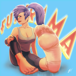 5_toes barefoot clothed clothing feet female foot_focus hair humanoid_feet not_furry plantigrade purple_hair shirt soles solo tank_top toes topwear wrinkled_feet wrinkles scamwich comedy_central futurama turanga_leela cyclops humanoid 1:1
