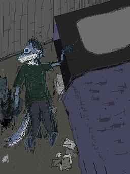 anthro bed bedroom bird's-eye_view blue_body blue_fur bottomwear clothed clothed_male clothing detailed_background fully_clothed fully_clothed_male fur furniture green_clothing green_shirt green_t-shirt green_topwear high-angle_view inside male pants purple_bottomwear purple_clothing purple_pants shirt solo t-shirt topwear demensa emil_(demensa) canid canine canis coyote mammal 2017 2025 3:4 digital_media_(artwork) pixel_(artwork)