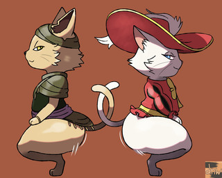 anthro bottomless bow_ribbon brown_body brown_fur clothed clothing crouching duo female fur hat headgear headwear male side_view smile smug tail twerking white_body white_fur darknsfwindie celtic_mythology european_mythology mythology octopath_traveler octopath_traveler:_champions_of_the_continent square_enix cait feintz_(octopath_traveler:_cotc) kilns_(octopath_traveler:_cotc) cat-sith felid mammal 5:4 hi_res