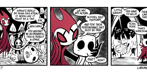 2_horns 3_panel_comic ambiguous_gender antennae_(anatomy) bandage biped black_arms black_eyes black_legs black_text bodily_fluids burning cloak clothed clothing dialogue ellipsis exclamation_point eyebrows fingers fire group holding_melee_weapon holding_object holding_weapon horn looking_at_mirror looking_at_object melee_weapon mirror motion_lines musical_note musical_symbol nail_(weapon) open_mouth pose question_mark red_cloak red_clothing red_eyes scared speech_bubble standing sweat sweatdrop symbol talking_to_another text tongue weapon p5ych hollow_knight_(franchise) team_cherry grimm_(hollow_knight) hornet_(hollow_knight) nightmare_king_grimm_(hollow_knight) the_knight_(hollow_knight) arthropod vessel_(species) comic english_text monochrome url female_(lore) half_sister_(lore) sibling_(lore) sister_(lore)