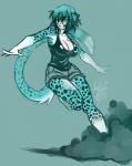 anthro big_breasts bottomwear breasts cleavage clothed clothing dipstick_tail eyebrows female fingers fur gloves_(marking) grey_nose hair leg_markings markings orange_eyes running shirt shorts smoke socks_(marking) solo spots tail tail_markings teal_body teal_fur teal_hair topwear firekitty cheetah felid feline mammal