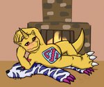 ambiguous_gender animal_skin anthro bandai_namco belly belly_markings blush claws detailed_background digimon digimon_(species) embarrassed fireplace fur gabumon hi_res horn inside looking_at_viewer lying markings nude on_side pose red_eyes reycovert seductive slightly_chubby solo striped_body striped_fur stripes yellow_body