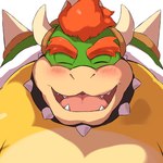 2_horns anthro biped blush cute_fangs eyes_closed fangs horn kemono simple_background solo teeth white_background yoshizaurusu_n mario_bros nintendo bowser koopa scalie 1:1 2021 bust_portrait hi_res portrait