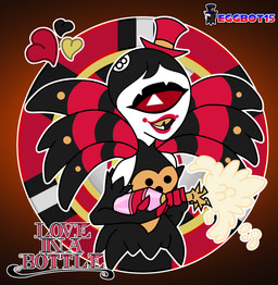 1_eye bottle breasts clothing container cue_(hazbin_hotel) feathers female hair hat headgear headwear lipstick looking_at_viewer makeup red_eyes red_lipstick red_sclera sharp_teeth small_breasts solo teeth text white_body white_skin yellow_teeth eggbot15 hazbin_hotel hellaverse background_character huskettes_(hazbin_hotel) cyclops demon demon_humanoid humanoid absurd_res digital_media_(artwork) hi_res
