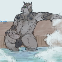 animal_genitalia animal_penis anthro balls barazoku bath bathhouse feline_genitalia feline_penis fluffy_balls genitals male nipples penis relaxing solo steam water mikeowolee final_fantasy final_fantasy_xiv square_enix felid hrothgar mammal 1:1 hi_res