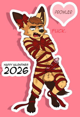 anthro balls bdsm big_balls bodily_fluids body_hair bondage bound bow_ribbon brown_hair cum cum_drip cum_on_penis dripping ejaculation facial_hair genital_fluids genitals hair holiday_message holidays knot knotted_penis leg_hair male mature_male paws penis profanity pubes ribbons solo text rumortheseagull anthroterra valentine's_day prowler_(anthroterra) bat-eared_fox canid canine fox mammal english_text hi_res