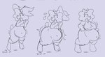 anthro belly belly_inflation bodily_fluids bottomless bottomless_female breast_expansion breasts clothed clothing curled_hair expansion female hair hat headgear headwear hip_expansion horn inflation navel solo surprised_expression sweat sweatdrop topwear wide_hips witch_hat banono bovid caprine mammal sheep monochrome sequence sketch