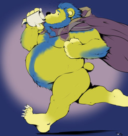 anthro beard belly blue_beard blue_body blue_facial_hair blue_fur cape claws clothing container cup drinking facial_hair fur male mug musclegut muscular purple_background running simple_background sipping solo yellow_body yellow_eyes yellow_fur pandottermon bear mammal 2021 colored dated hi_res signature