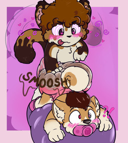 4_fingers ambiguous_gender anthro big_diaper black_nose blush blush_lines booties border brown_body brown_fur brown_hair brown_tail_tip clothing diaper diaper_fetish dipstick_tail duo feces fingers footwear fur hair hand_on_diaper heart_eyes heart_symbol heterochromia hypnosis inner_ear_fluff interrobang lock_symbol lying markings mind_control multicolored_body multicolored_fur object_in_mouth on_front on_pillow pacifier pacifier_in_mouth pillow pink_border pink_clothing pink_footwear pink_inner_ear_fluff pink_pacifier purple_background simple_background soiled_diaper sound_effects spiral spiral_eyes tail tail_markings tail_motion tailwag tan_body tan_fur tan_inner_ear_fluff text tongue tongue_out touching_diaper tuft unclean_diaper used_diaper wavy_mouth ludis-luteo auror_(paddedpupprince) ludis_(ludis-luteo) domestic_cat felid feline felis mammal 2019 absurd_res artist_name hi_res signature