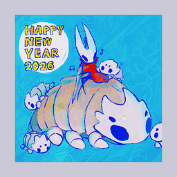 ambiguous_gender anthro blue_border border cloak clothed clothing feral group holding_melee_weapon holding_object holding_weapon holiday_message holidays larger_ambiguous melee_weapon musical_note musical_symbol on_another red_cloak red_clothing sitting size_difference smaller_ambiguous symbol text weapon yellow_text blipbugbug hollow_knight:_silksong hollow_knight_(franchise) new_year new_year_2026 team_cherry bell_beast hornet_(hollow_knight) arthropod 1:1 2025 english_text female_(lore) mother_(lore) mother_and_child_(lore) parent_(lore) parent_and_child_(lore)