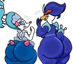 anthro avian_butt beak big_butt blue_eyes blush butt duo female looking_at_viewer looking_back looking_back_at_viewer open_mouth rear_view simple_background thick_thighs white_background yellow_beak lewdewott nintendo pokemon generation_7_pokemon generation_9_pokemon pokemon_(species) primarina quaquaval 2024 digital_drawing_(artwork) digital_media_(artwork) hi_res