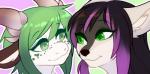 anthro black_hair duo female freckles fur green_eyes green_hair hair horn multicolored_hair purple_hair simple_background smile box-cat mythology kyoko_komurasaki vilosa canid canine canis dragon mammal mythological_creature mythological_scalie scalie wolf 2018 digital_media_(artwork)