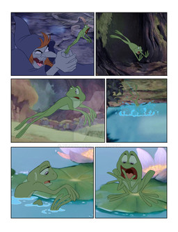 after_transformation border brown_hair clothing danger duo escape female feral hair hood jumping lily_pad long_nose looking_at_self looking_down looking_down_at_self magic_user plant robe water white_border witch nippy13 disney the_black_cauldron eilonwy orgoch princess_eilonwy amphibian frog human mammal 3rd_party_watermark comic distracting_watermark hi_res watermark