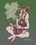 anthro bong clothed clothing dreadlocks drugs female gradient_background green_background hair hooves lighter marijuana open_mouth orange_sclera ponytail short_hair simple_background smoke solo text chewycuticle icky_(chewycuticle) bovid caprine domestic_goat goat mammal nubian_goat 2017 4:5 digital_media_(artwork) shaded