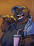 anthro belly big_belly black_nose brown_body brown_fur clothing food fur green_eyes hat headgear headwear humanoid_hands male moobs nipples overweight overweight_male pizza pizza_slice simple_background solo k-9 barry_the_pizza_bear bear mammal 2020 hi_res