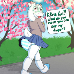 accessory ambiguous_gender anthro asian_clothing blue_bottomwear blue_clothing blue_skirt blush blush_lines bottomwear bow_ribbon brown_clothing brown_topwear cherry_blossom cherry_blossom_tree cherry_tree clean_diaper clothed clothing cloud crossdressing dialogue diaper diaper_under_skirt east_asian_clothing eyewear floppy_ears flower footwear fruit_tree fur glasses grass green_eyewear green_glasses hair_accessory hair_bow hair_ribbon head_horn heart_symbol honorific horn interrobang japanese_clothing japanese_honorific japanese_school_uniform knee_highs knee_socks legwear looking_back open_mouth open_smile path pink_horn plant prunus_(flower) ribbons school_uniform shoes skirt sky smile socks solo speech_bubble striped_diaper tail text topwear tree uniform walking wearing_diaper wearing_glasses white_body white_bow white_clothing white_footwear white_fur white_shoes white_socks white_tail shadyadi deltarune undertale_(series) ralsei bovid caprine darkner goat mammal 2023 artist_name english_text hi_res signature url male_(lore)