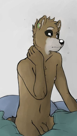 anthro bed bedding blanket brown_body brown_fur ear_piercing fur furniture gauged_ear genitals green_piercing grey_body grey_fur hair hand_on_neck male messy_hair navel nipples nude on_bed penis piercing pillow simple_background sitting solo p_rindustries mammal procyonid raccoon 4:7