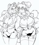 2006 4_fingers anthro big_breasts bottomwear breasts brown_hair canid canine canis cleavage clothed clothing duo eye_contact eyewear felid female female/female fingers garter_straps glasses hair hazel_weiss huge_breasts legwear lion long_hair looking_at_another mammal max_blackrabbit miniskirt monochrome pantherine pen_(artwork) raven_hunt skirt stockings teacher traditional_media_(artwork) wolf