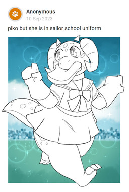 3_toes 4_horns anime_eyes anthro asian_clothing blue_sky border bottomwear bow_ribbon bread bread_in_mouth clothing cloud curled_horn dreamy_eyes east_asian_clothing feet female floating_horn food gloves grass handwear horn japanese_clothing japanese_school_uniform looking_away markings multi_horn plant question_mark running school_uniform serafuku shoeless shortstack shortstack_female skirt sky solo spots spotted_body star tail text thick_thighs toes uniform white_border wide_hips potoobrigham piko_(simplifypm) kobold scalie 2026 digital_media_(artwork) english_text hi_res