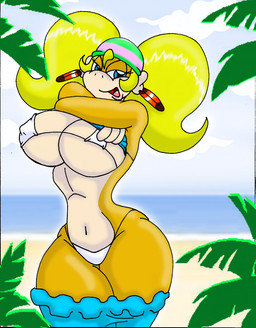 big_breasts bikini blonde_hair breasts clothed clothing curvy_figure female hair huge_breasts micro_bikini swimwear thick_thighs topless two-piece_swimsuit undressing redmagejacob donkey_kong_(series) nintendo tiny_kong haplorhine mammal monkey primate hi_res