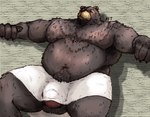 anthro balls belly body_hair brown_body brown_fur bulge eye_scar facial_scar fur genitals happy_trail humanoid_genitalia humanoid_penis male mostly_nude musclegut muscular nipples overweight overweight_anthro pecs peeking_penis penis scar simple_background solo thick_penis thick_thighs towel towel_only nutdoesart mihoyo zenless_zone_zero ben_bigger bear brown_bear mammal ursine hi_res