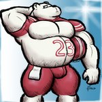 anthro belly bulge football_helmet football_player football_uniform fur male musclegut muscular muscular_male overweight slightly_chubby solo white_body white_fur alanottaviano bear mammal polar_bear ursine 1:1 absurd_res hi_res