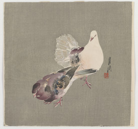 4_toes ambiguous_feral ambiguous_gender beak biped bipedal_feral duo feathered_wings feathers feet feral leaning leaning_forward looking_at_another simple_background standing tail tail_feathers talons toes wings ogata_gekko avian bird columbid dove absurd_res ancient_art hi_res traditional_media_(artwork)
