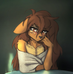 anthro arm_support arm_tuft bare_shoulders black_nose bodily_fluids breasts brown_body brown_eyes brown_fur brown_hair cheek_tuft chest_markings chest_tattoo cleavage clothed clothing cowlick crying eyebrow_through_hair eyebrows eyelashes facial_markings facial_piercing facial_tattoo facial_tuft female female_anthro frown fur furgonomic_piercing furgonomics green_background hair hair_over_eye hand_on_face head_markings long_hair looking_at_viewer markings messy_hair mottled mottled_nose muzzle_piercing neck_markings neck_tattoo nose_piercing one_eye_obstructed piercing pink_nose shadow shirt simple_background slim solo tattoo tears topwear translucent translucent_hair tuft wrist_tuft tinygaypirate apogee_(tinygaypirate) canid canine canis domestic_dog mammal spitz 2022 half-length_portrait hi_res portrait