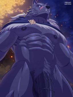 abs anthro areola balls cape cape_only clothing facial_scar fangs fur genitals glowing glowing_eyes grey_body grey_fur humanoid_genitalia humanoid_penis low-angle_view male mostly_nude muscular muscular_anthro muscular_male navel nipples pecs penis penis_base pubes scar sky solo teeth text vein veiny_penis cresxart elden_ring fromsoftware blaidd_(elden_ring) canid canine canis mammal wolf 2022 absurd_res artist_name hi_res