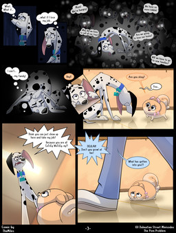 black_spots clothing dialogue duo female feral footwear fur male pink_ribbon shoes soul speech_bubble spots tan_body tan_fur text white_body white_clothing white_eyes white_footwear white_fur white_shoes themiles 101_dalmatian_street 101_dalmatians disney delilah_(101_dalmatians) dr._dave_(101_dalmatian_street) poppy_(101_dalmatians) canid canine canis dalmatian domestic_dog human mammal pomeranian spitz comic english_text