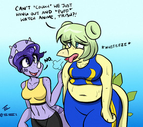 anthro belly blue_eyes bodily_fluids clothed clothing dialogue duo exercise exercise_clothing facial_horn female freckled_shoulders freckles green_hair hair hair_bun horn navel purple_body purple_eyes purple_hair slightly_chubby slightly_chubby_female spiked_tail spikes spikes_(anatomy) sweat tail text thick_thighs twin_buns wide_hips yellow_body seven_(artist) goodbye_volcano_high ko_op_(game_developer) stella_(gvh) trish_(gvh) ceratopsian ceratopsid chasmosaurine dinosaur marginocephalian ornithischian prehistoric_species reptile scalie stegosaurian stegosaurus thyreophoran triceratops english_text